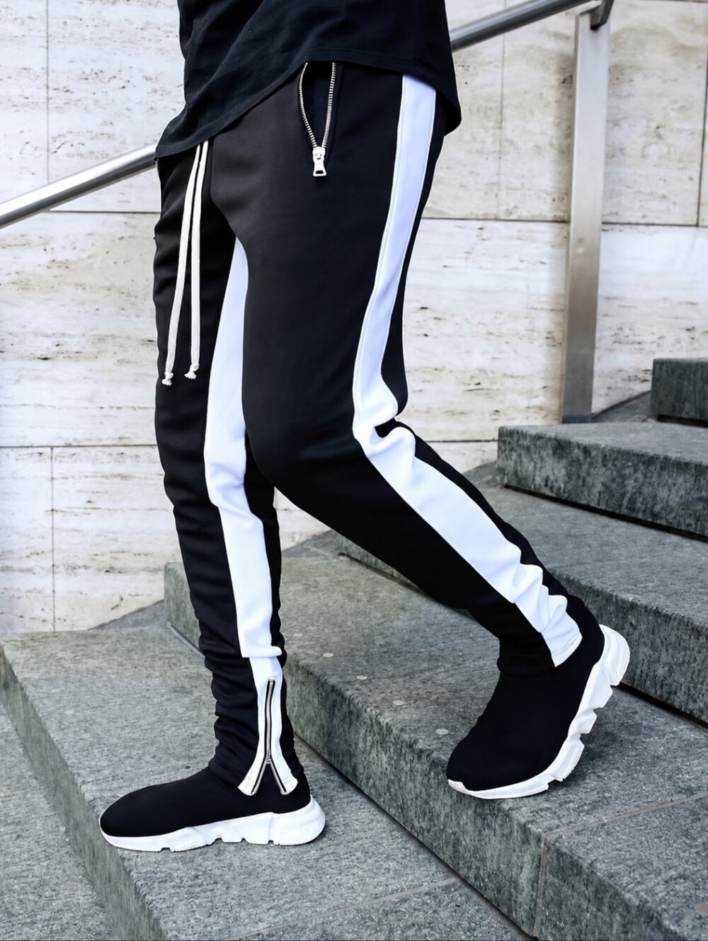 Men’s Black White Track Pants Zip Pockets Ankle Zips Athletic Joggers